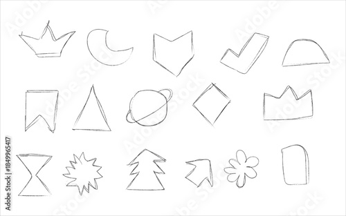 A collection of 15 unique hand drawn shapes and symbols