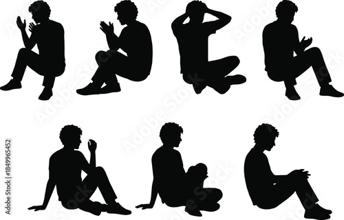 Silhouettes of a young man sitting in various thoughtful and relaxed poses, curly hair, black vector style on white background