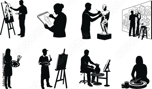 Silhouettes of Artists Creating Art, Drawing, Painting, Sculpting, Pottery, Digital Design, Creative Professions Concept, Vector Illustration Set