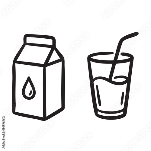 hand drawn icon of Milk Carton and Glass of Juice with Straw