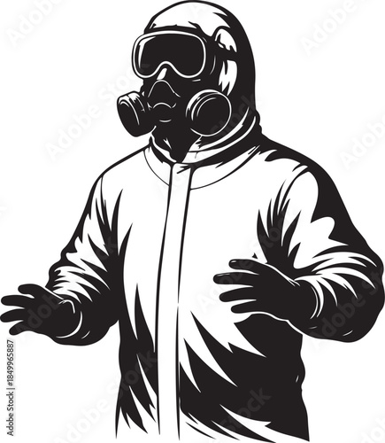 A silhouette of person in hazmat suit, lab safety, black on white