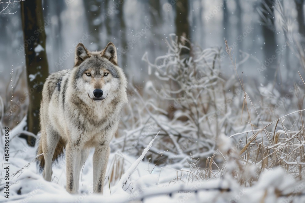 Obraz premium Gray wolf standing in snowy forest during winter snowfall