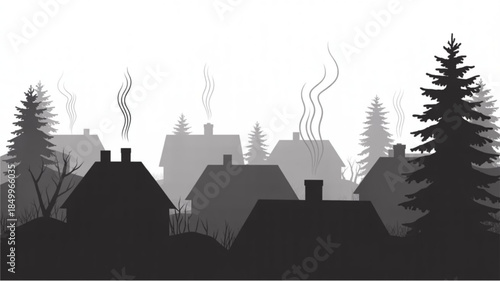 Black and white illustration of houses and trees with smoke coming out of chimneys in a village landscape scene