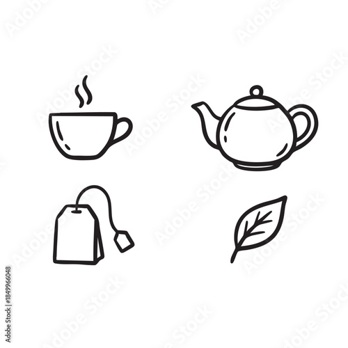 Hand Drawn icon of Tea Time and Herbal Beverage Sketches