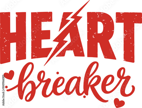 Heart Breaker Romantic Typography Design with Lightning Bolt and Hearts on White Background