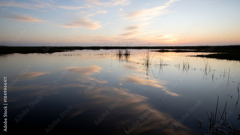 Obraz premium Tranquil Wetland Horizon at Sunset with Sky Reflection on Calm Water