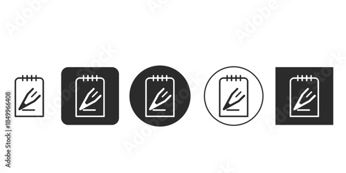 Spiral bound notepad and pencil icon set for UX design | Black and white glyph vector for writing and editing notes | Minimalist flat design pictogram for documentation or tasks
