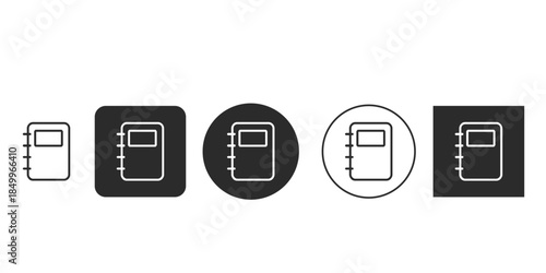 Minimalist spiral notebook icon for planning apps Black and white vector illustration of closed planner Set of four monochrome vector icons representing journal Line art graphic design element for age