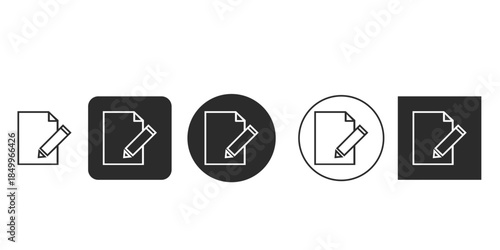 Black and white line art icon set for file editing or creation | Vector graphic of document page and pencil drawing symbol | User interface design element for write and modify document