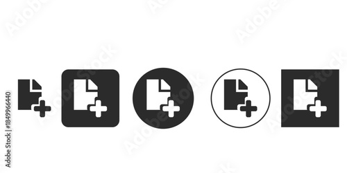 Black and white add new document icon for application UI | Flat vector graphic design of file creation symbol set | User interface element for adding data or new pages
