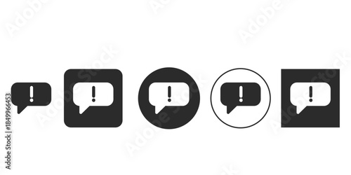 Set of warning message notification icons for UI design | Black and white vector exclamation mark chat bubble symbol | Flat style user interface error and alert signs collection