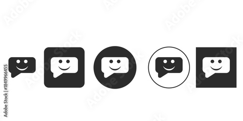 Smiley face chat message icon vector set for UI/UX design | Happy emotion speech bubble symbol for positive communication apps | Black and white emoji conversation icons in square and circle formats