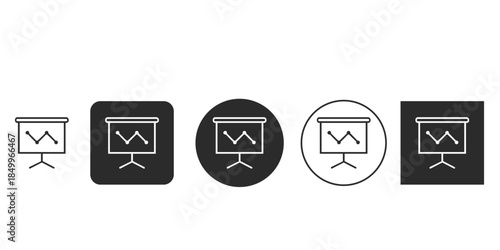 Presentation screen icon with zigzag line chart on tripod stand | Business analytics data visualization vector graphic set | Financial report growth decline pictogram design 