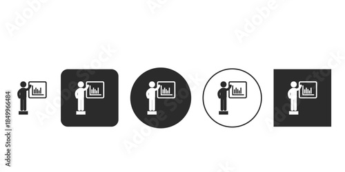 Minimalist icon of a presenter giving a business presentation with bar chart | Simple black and white data analysis speaker vector illustration | Flat design UI UX icon set for corporate training