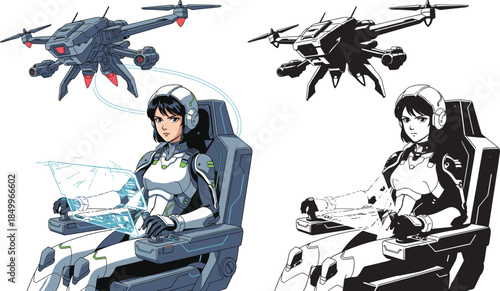 Futuristic woman operating drone with holographic display in modern city