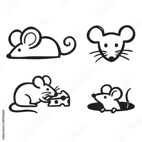 Hand drawn icons of Cute Mouse Character with Cheese