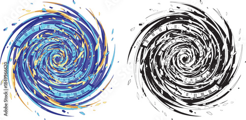 Vibrant swirling clock spiral with Roman numerals in shades of blue and gold