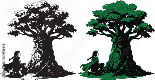 Woman in green cloak kneels before ancient tree with glowing blue eyes