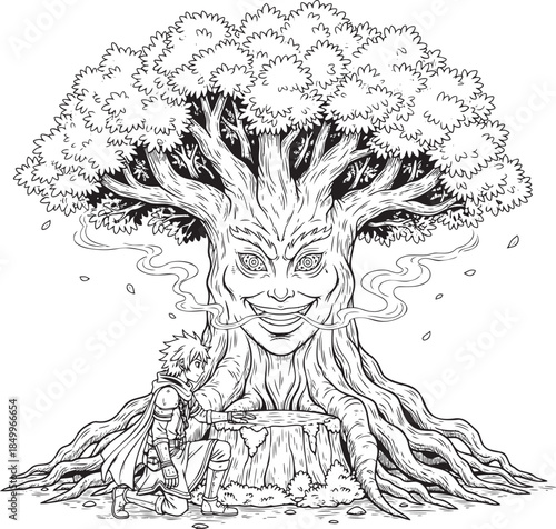 Whimsical tree with face and fantasy character in nature scene