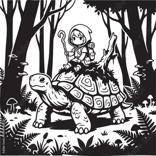 Little adventurer rides giant tortoise through enchanted forest
