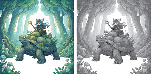 Magical elf rides giant turtle through enchanted forest with glowing staff