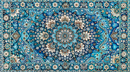 Intricate blue floral oriental carpet pattern with central medallion and ornate borders decorative textile background design surface wallpaper