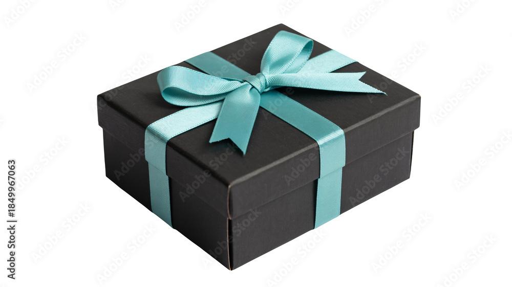Fototapeta premium A black gift box with a turquoise ribbon tied in a bow on top, isolated on white background