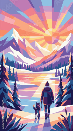 Stylized Winter Landscape with Person and Dog Walking Under Radiant Sun