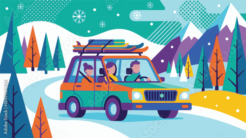 Colorful winter road trip to the mountains with car, skis, and snowboards