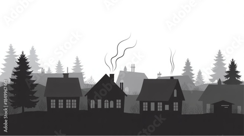 Black and white illustration of houses with smoke coming out of the chimneys in a forest