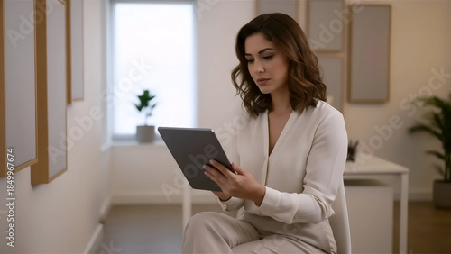 Relaxed Professional Browsing Content on Digital Tablet | Modern Lifestyle and Information Consumption | Comfortable Seating with Natural Light and Artwork

