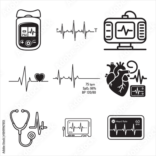 Medical cardiac monitor line art heartbeat vector