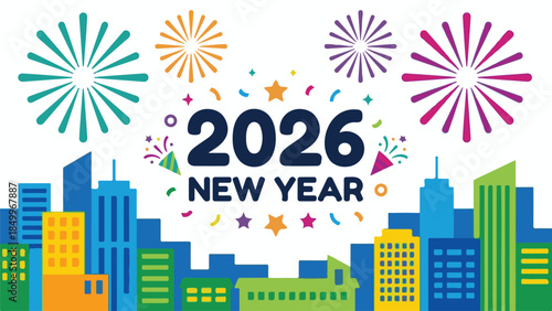 Happy New Year 2026 celebration with fireworks and city skyline