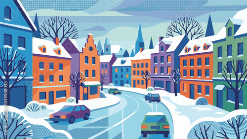 Vibrant Winter Town Scene with Snow, Buildings, and Cars on Road