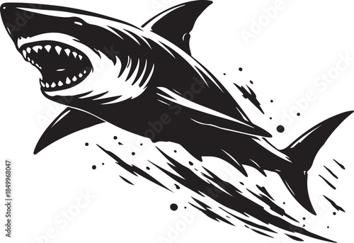 A silhouette of shark swimming forward, aggressive energy, black vector