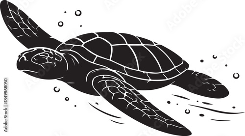 A silhouette of sea turtle gliding, peaceful movement, black vector