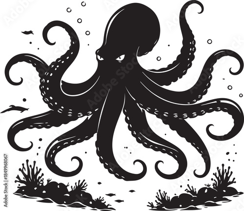 A silhouette of giant octopus spreading tentacles, deep sea style, black vector