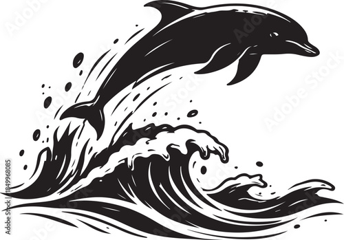 A silhouette of dolphin jumping over waves, dynamic motion, black vector