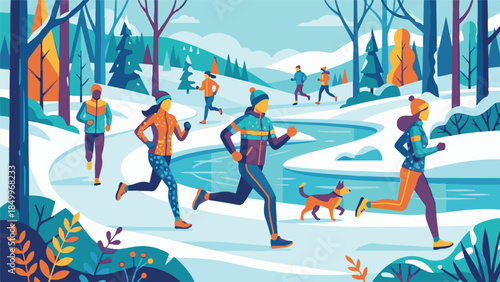 Group of people and a dog jogging in a colorful snowy winter landscape