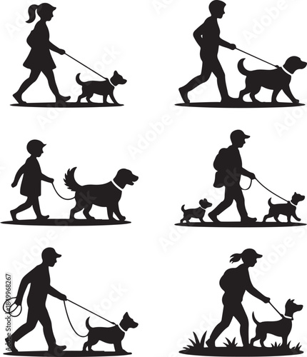 Dog Walking Silhouette Icon Set