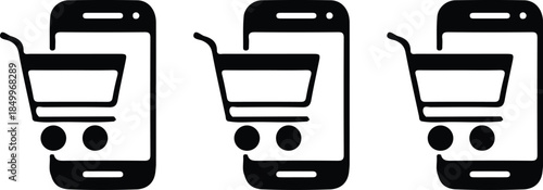 mobile online shopping three black icons set vector design art 