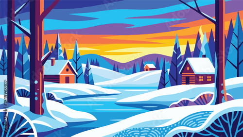 Flat design winter landscape with snow, evergreen trees, cabins, and sunset