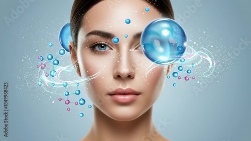 Beautiful Woman's Face with Glowing Molecules and Bubbles - Hydration Concept