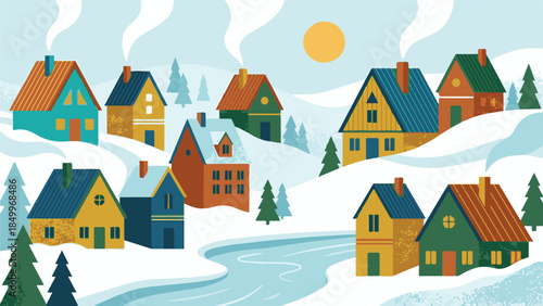 Cozy winter village landscape with colorful houses and snow