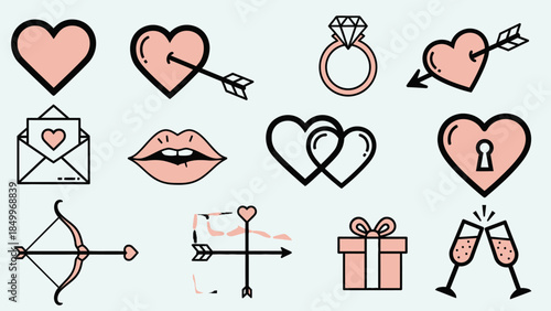 Set of various love and wedding themed icons including hearts, rings, and romantic symbols, on light blue background