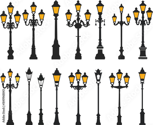 Collection of various street lamps on white background