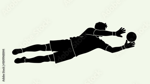 Soccer goalkeeper diving to catch the ball, in silhouette style on light green background, showing agility and defense