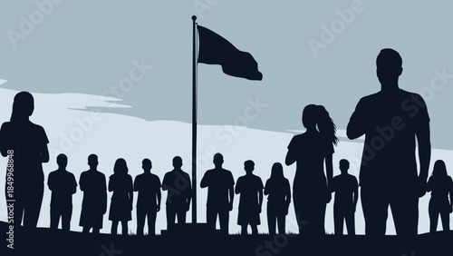 Silhouettes of a crowd of people gathered under a flag, symbolizing unity and public event