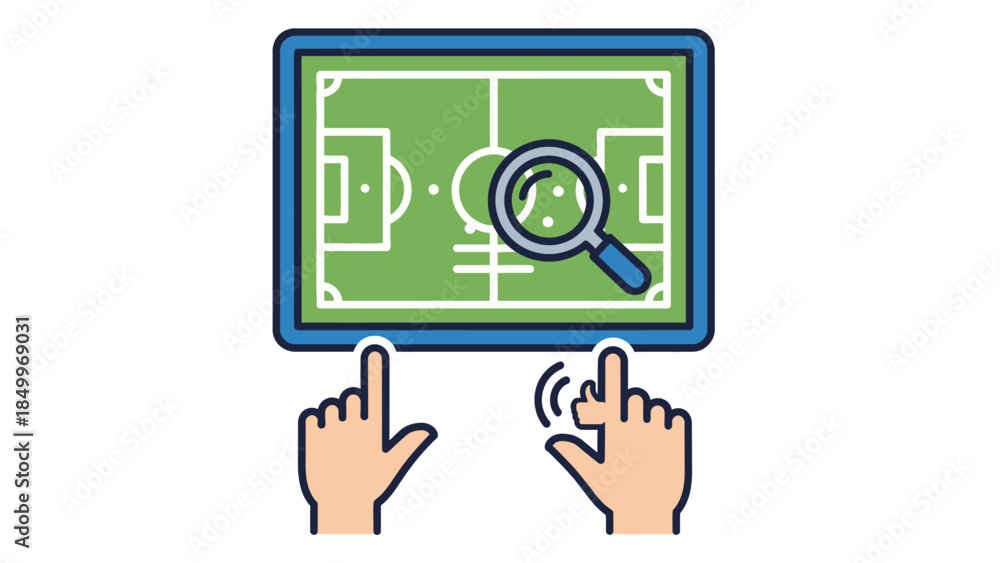 Fototapeta premium Hand Tapping Tablet with Football Soccer Field Strategy and Magnifying Glass Icon