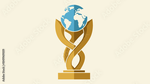 Golden Global Achievement Trophy with Earth Globe and Modern Design, in bright studio.